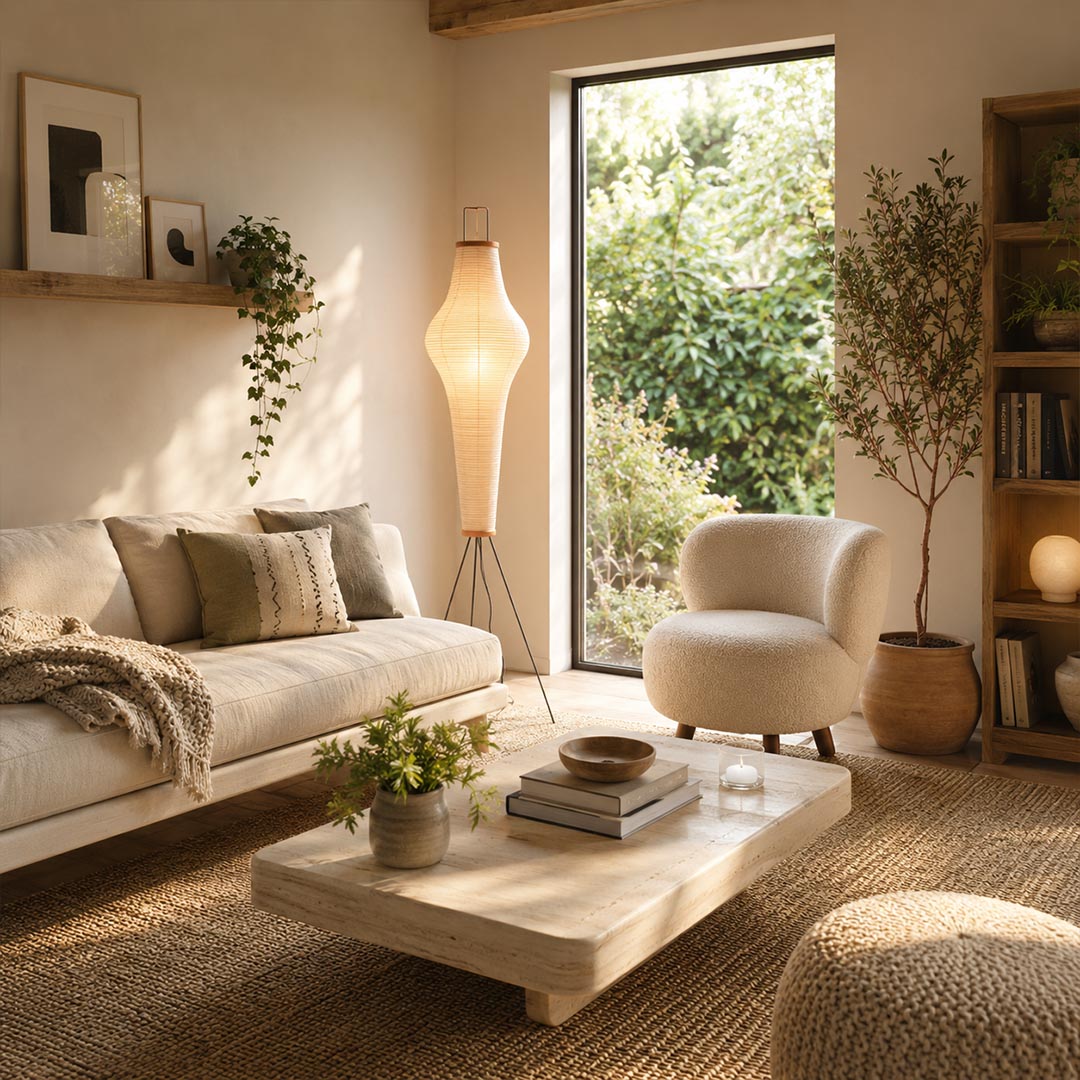 Akari 14A washi floor lamp beside sofa living room Japandi minimalist warm soft Edison glow Wabi Sabi interior