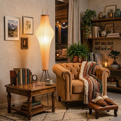 Akari 14A washi paper floor lamp bedroom corner primary minimalist Japandi Wabi Sabi warm soft glow interior
