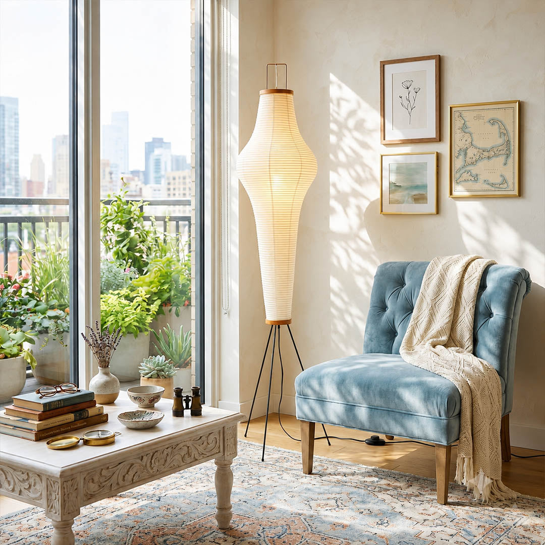 Akari 14A washi floor lamp tea room zen meditation Japanese aesthetic minimalist Wabi Sabi tatami interior warm glow