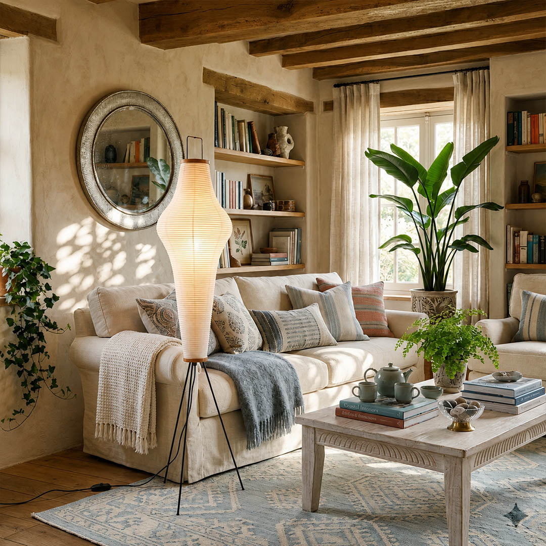 Akari 14A washi floor lamp beside sofa living room Japandi minimalist warm soft Edison glow Wabi Sabi interior