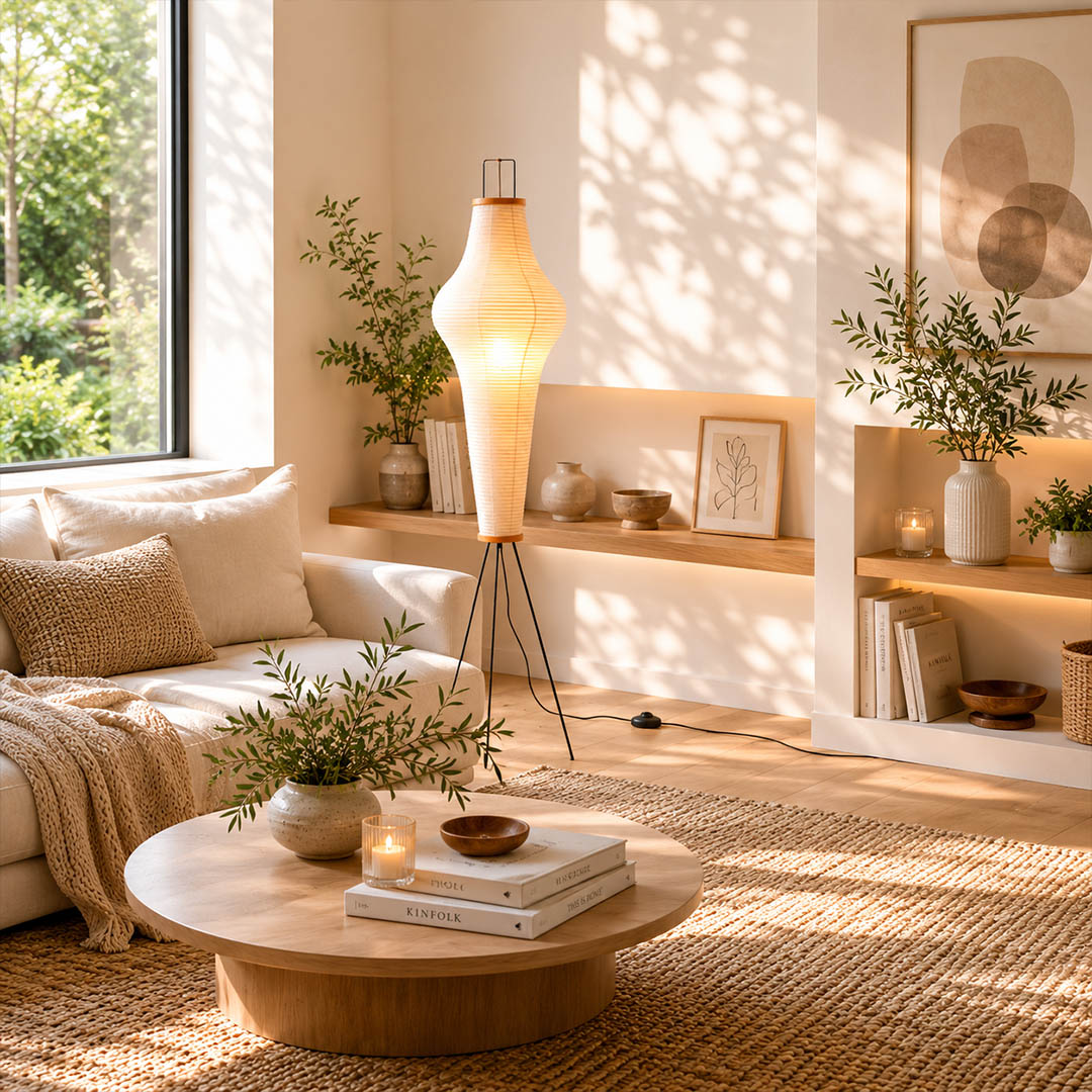 Akari 14A washi floor lamp beside sofa living room Japandi minimalist warm soft Edison glow Wabi Sabi interior