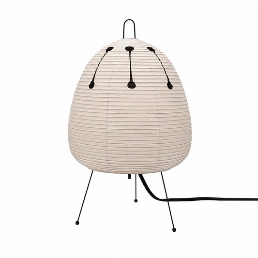 Stuber classic egg-shaped Washi paper table lamp on black tripod legs.