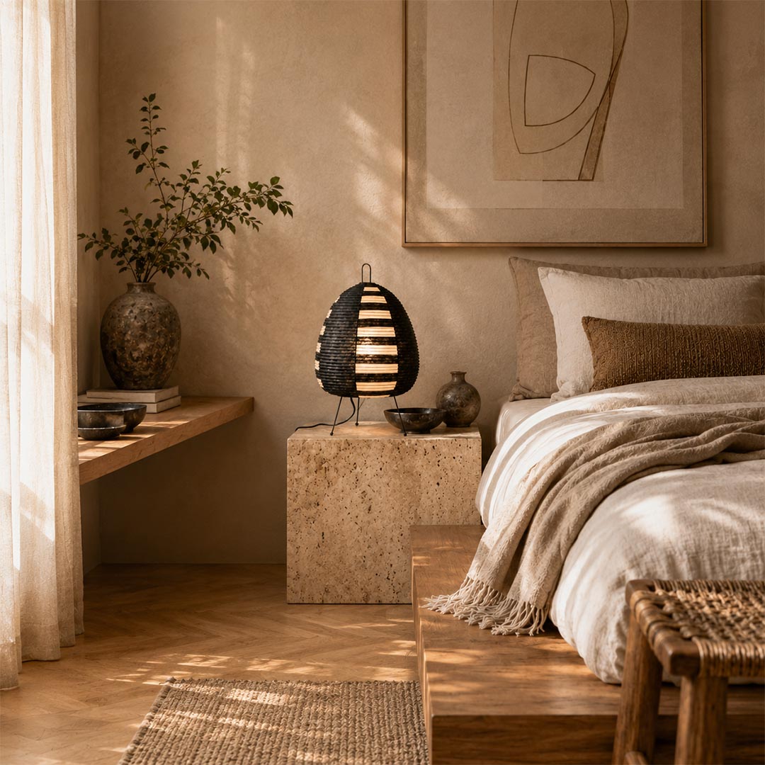 A Washi paper table lamp with a ribbed oval shade and black tripod legs, styled on a stone nightstand in a warm, neutral Wabi-Sabi bedroom setting.