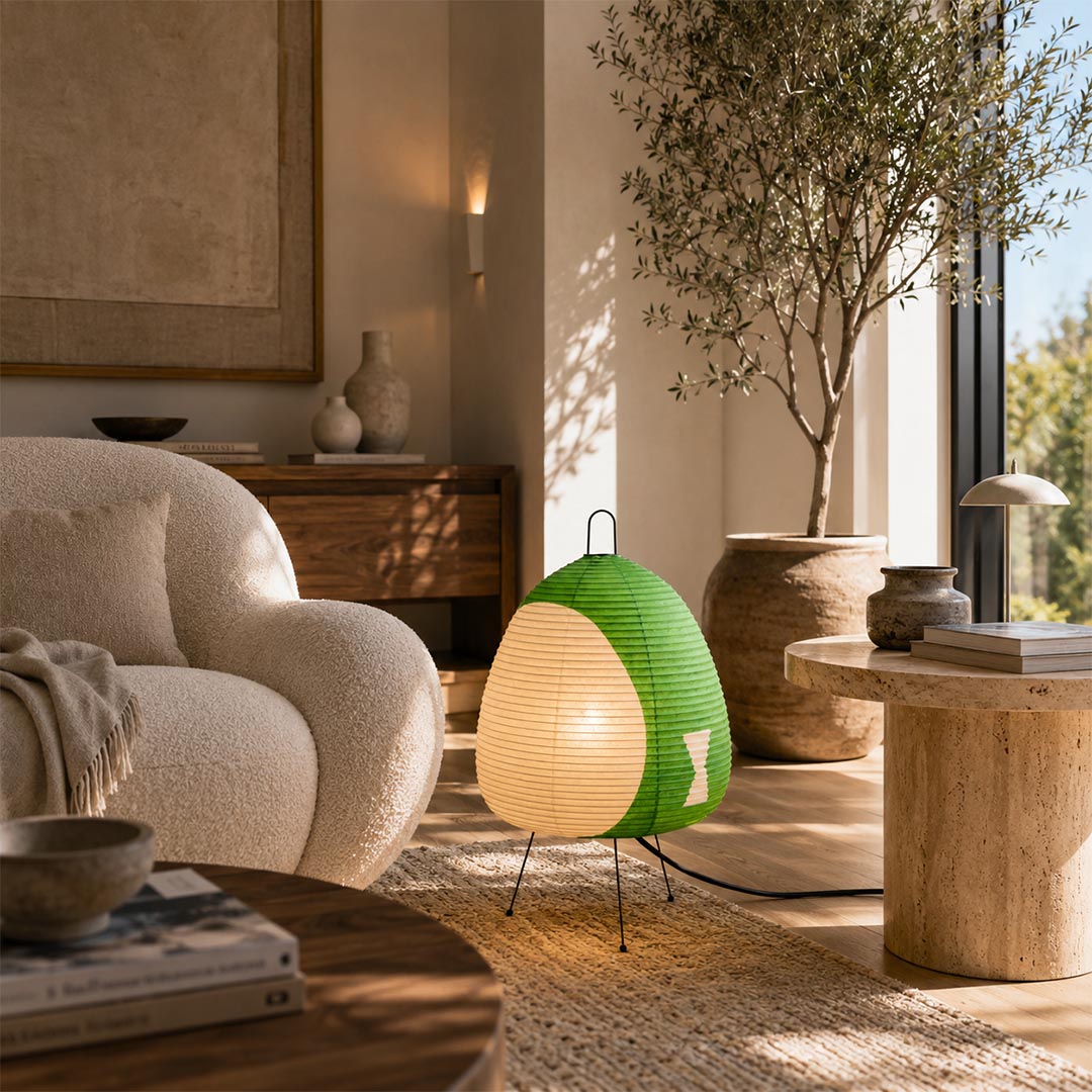 Organic modern coffee table setup decorated with a glowing Akari 1A oval paper desk lamp - Stuber Lighting