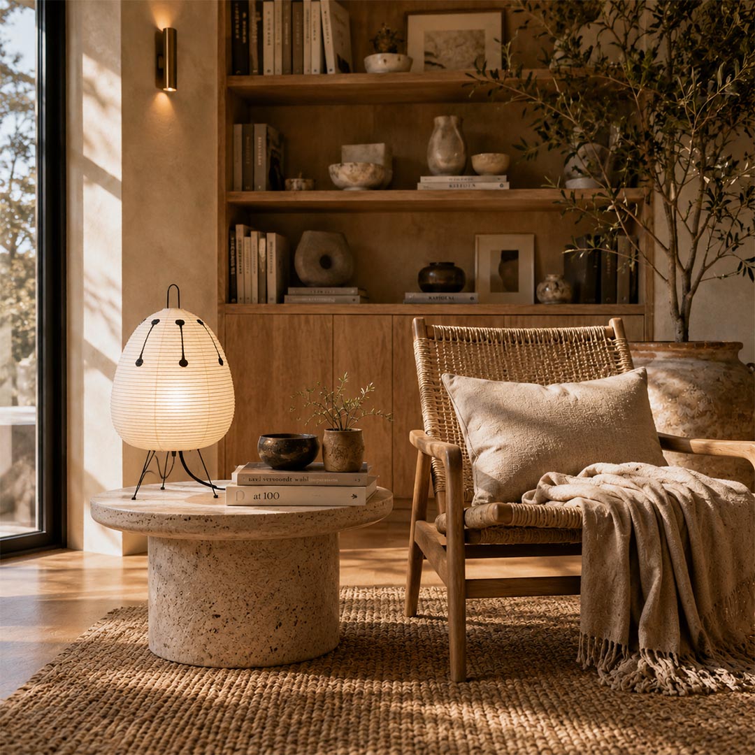A Washi paper table lamp with a ribbed oval shade and black tripod legs, styled on a stone nightstand in a warm, neutral Wabi-Sabi bedroom setting.