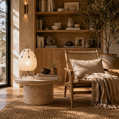 A Washi paper table lamp with a ribbed oval shade and black tripod legs, styled on a stone nightstand in a warm, neutral Wabi-Sabi bedroom setting.