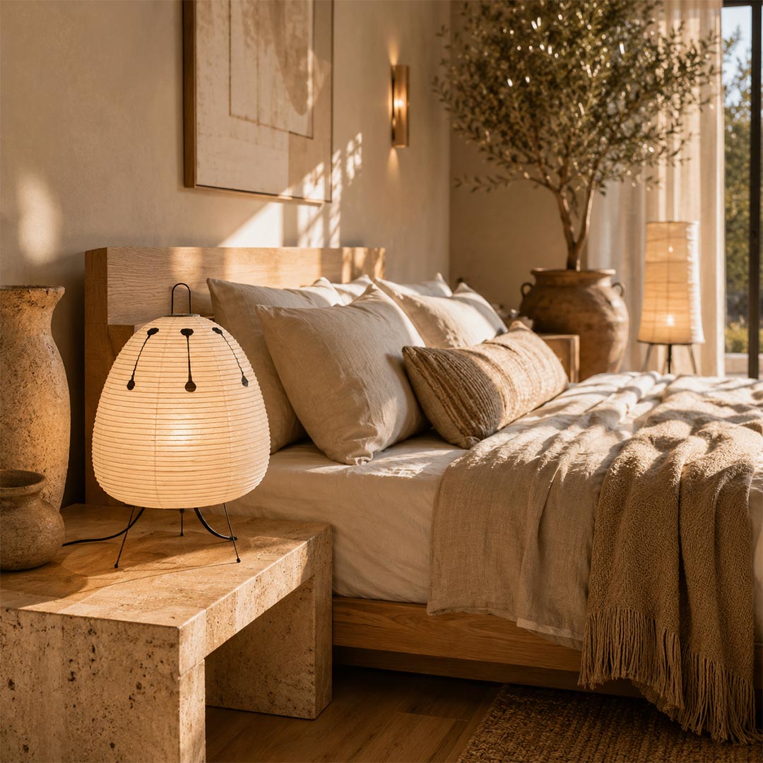 Japanese style Washi paper lantern table lamp with black metal legs, illuminating a cozy bedroom with warm light.