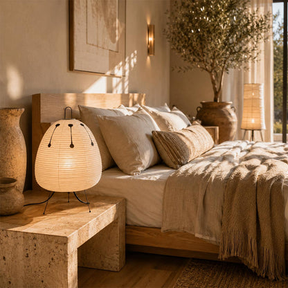 Japanese style Washi paper lantern table lamp with black metal legs, illuminating a cozy bedroom with warm light.
