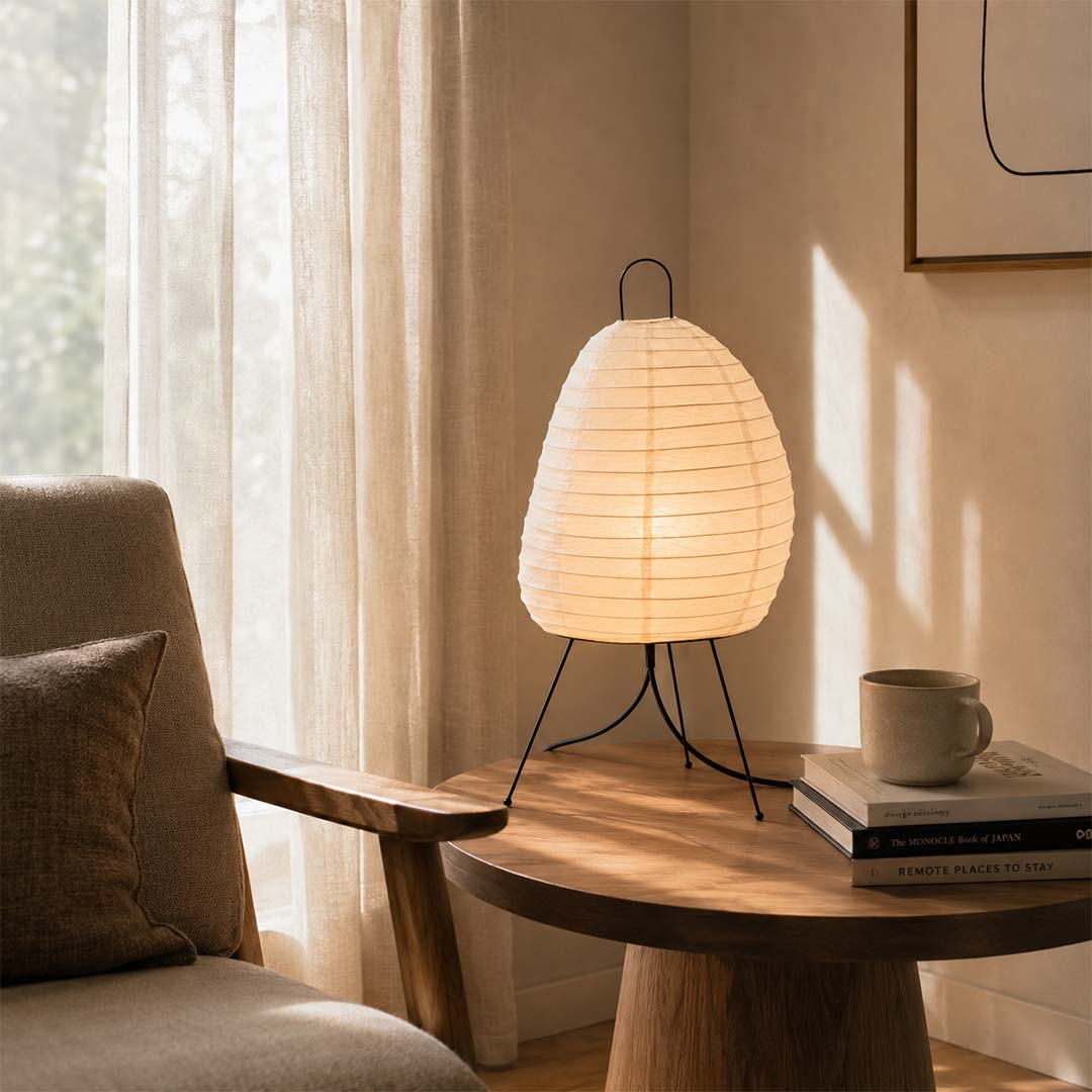 Organic modern living room reading nook with Akari 1N table lamp - stuberlighting