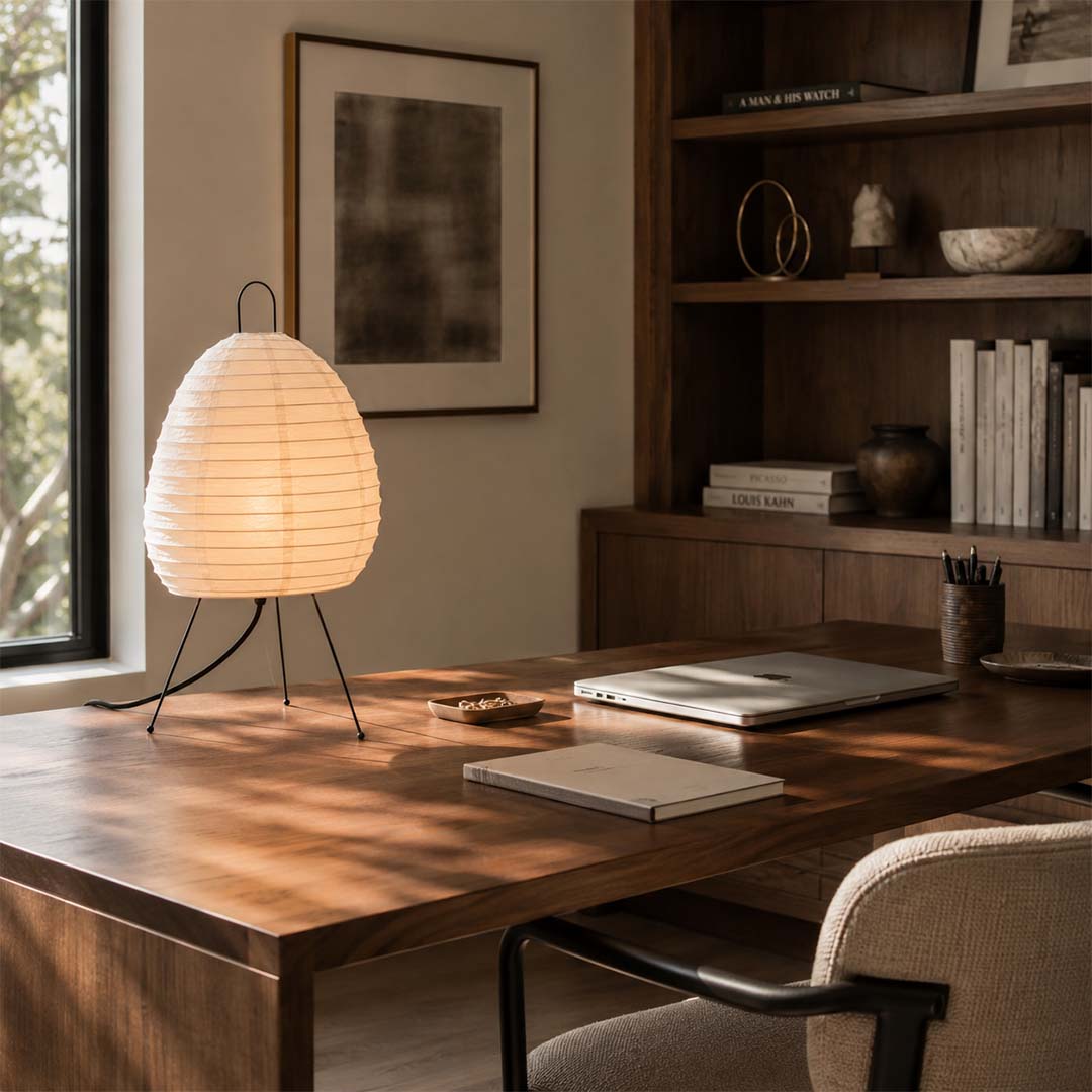 Elegant home office design featuring Akari 1N paper table lamp on desk - stuberlighting