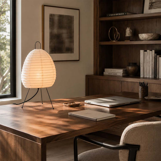 Elegant home office design featuring Akari 1N paper table lamp on desk - stuberlighting