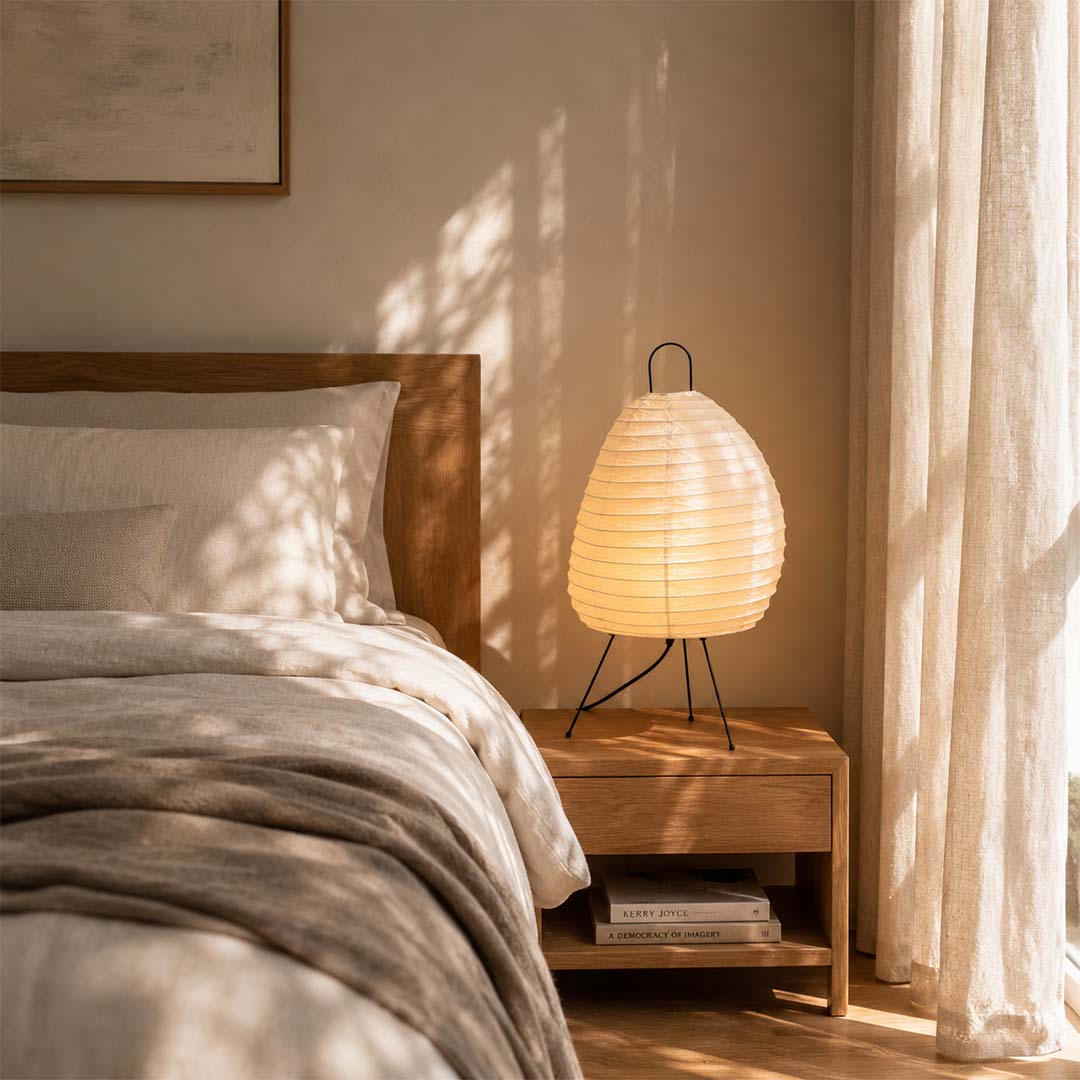 Warm bedroom ambient light from Akari 1N rice paper bedside lamp - stuberlighting