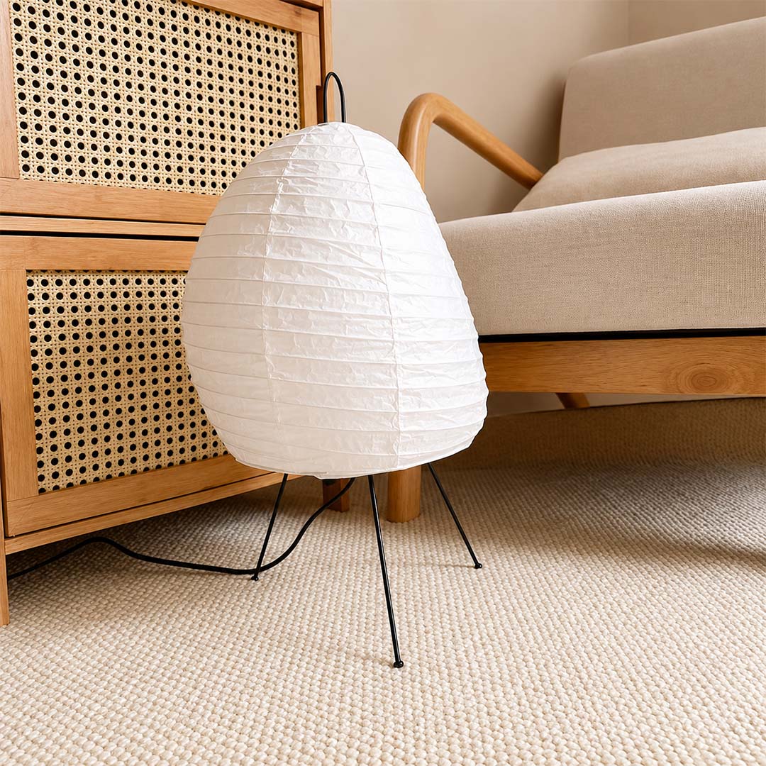 Wabi-sabi living room styled with Akari 1N rice paper lantern light - stuberlighting