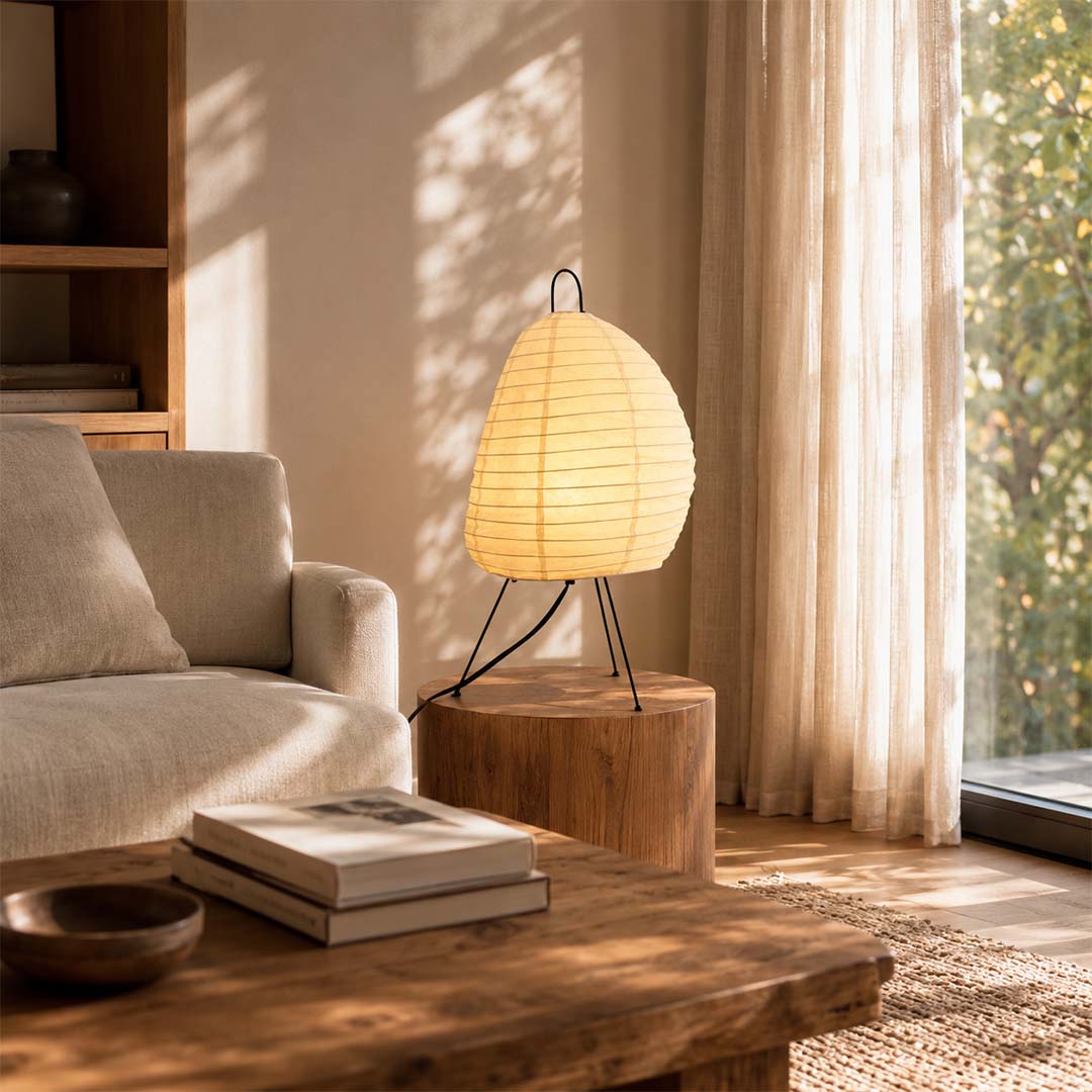 Organic modern living room reading nook with Akari 1N table lamp - stuberlighting