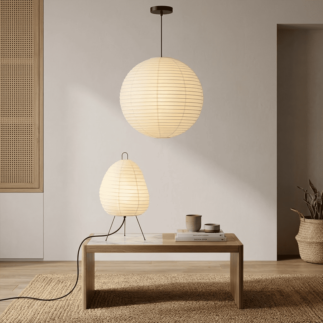 Premium Akari 1N washi paper table lamp emitting a warm glow on a wooden desk.
