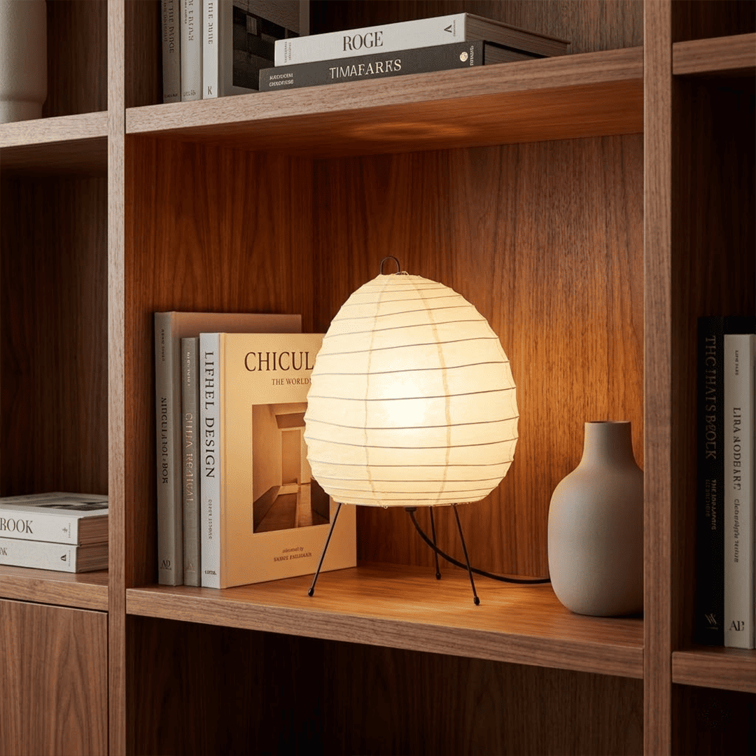 Premium Akari 1N washi paper table lamp emitting a warm glow on a wooden desk.