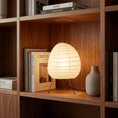 Premium Akari 1N washi paper table lamp emitting a warm glow on a wooden desk.