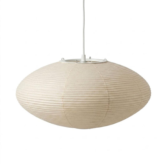 tuber Lighting Japanese Wabi-Sabi oval rice paper pendant light against a clean cream background, minimalist ribbed paper lantern hanging lamp for organic modern interior design.