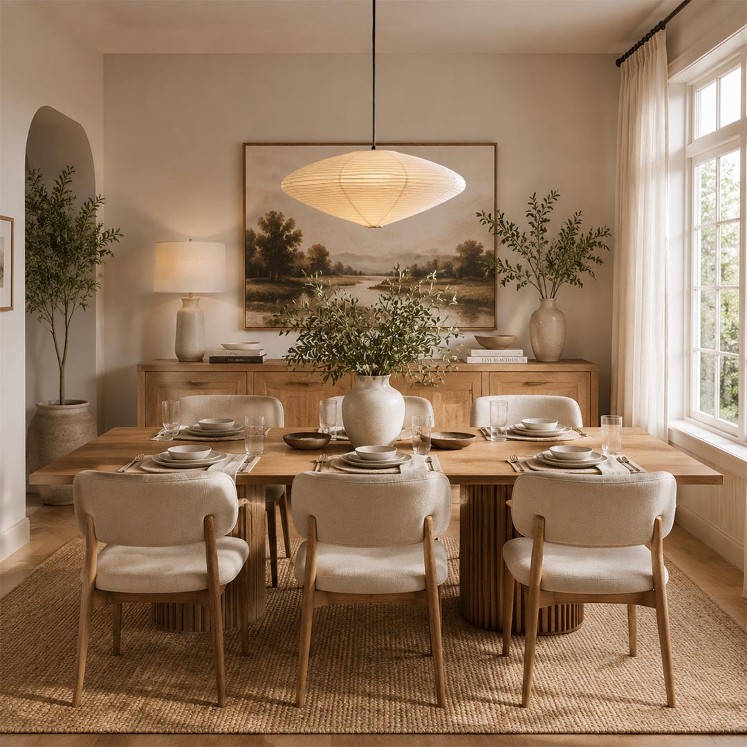 Stuber Lighting Japanese rice paper pendant light illuminated over a wooden dining table, organic modern Japandi dining room decor with minimalist oval lantern hanging lamp.