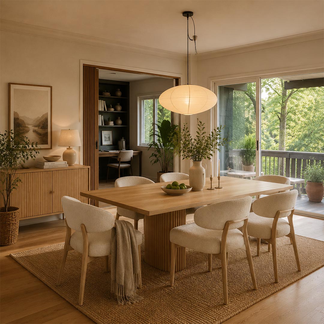 Stuber Lighting Japanese rice paper pendant light illuminated over a wooden dining table, organic modern Japandi dining room decor with minimalist oval lantern hanging lamp.