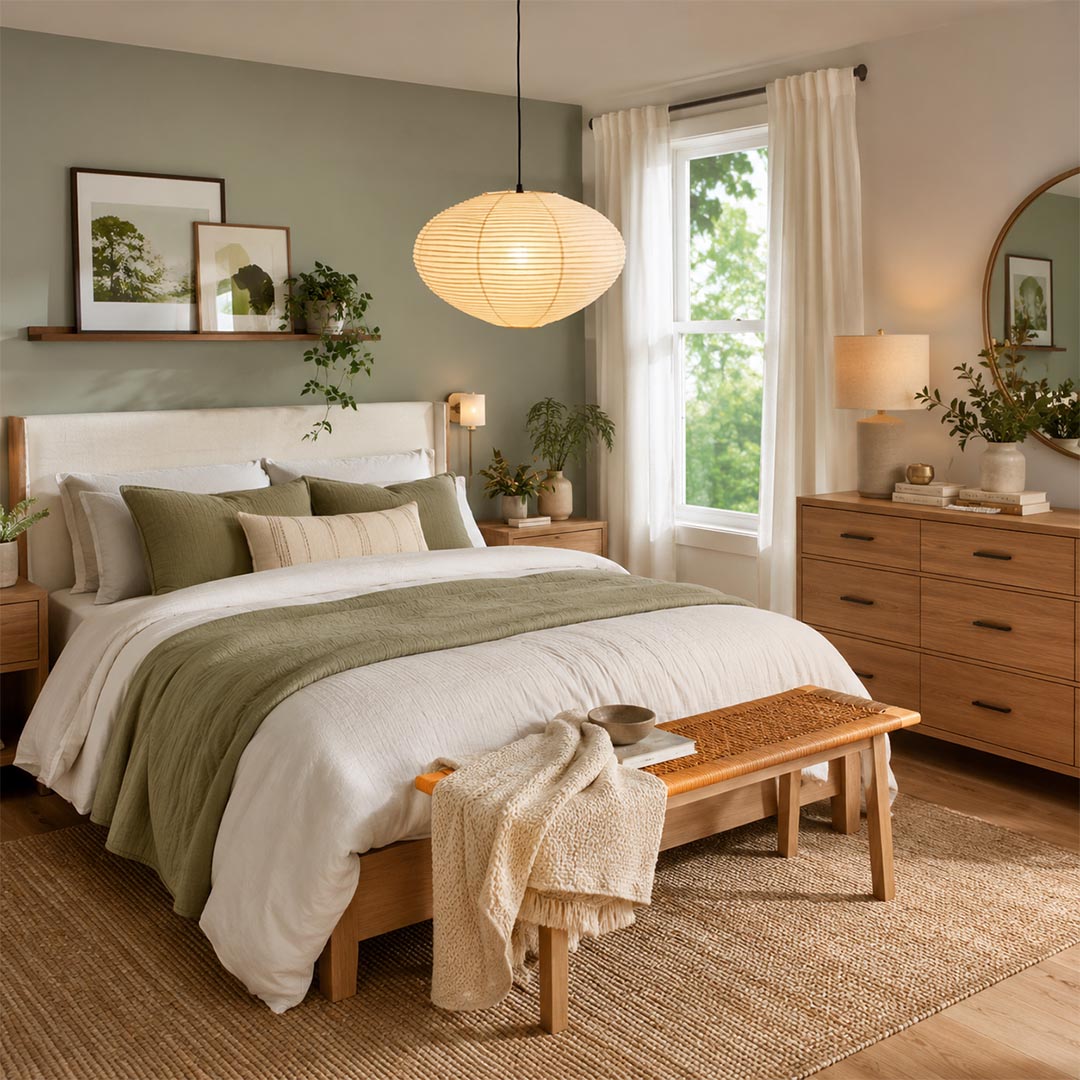 Cozy master bedroom interior featuring a Stuber Lighting Japanese rice paper pendant light hanging above the bed, organic modern Japandi style home decor with warm neutral tones.