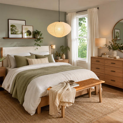 Cozy master bedroom interior featuring a Stuber Lighting Japanese rice paper pendant light hanging above the bed, organic modern Japandi style home decor with warm neutral tones.