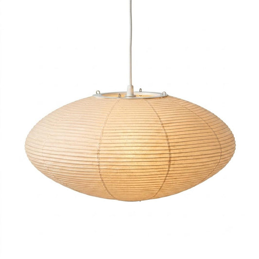 Stuber Lighting Japanese Wabi-Sabi oval rice paper pendant light against a clean cream background, minimalist ribbed paper lantern hanging lamp for organic modern interior design.
