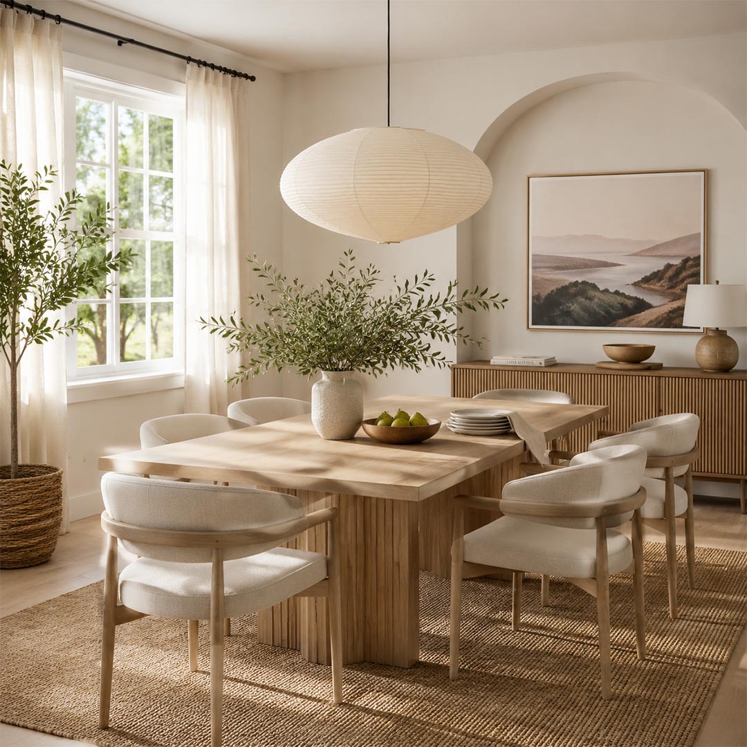 Stuber Lighting Japanese rice paper pendant light illuminated over a wooden dining table, organic modern Japandi dining room decor with minimalist oval lantern hanging lamp.