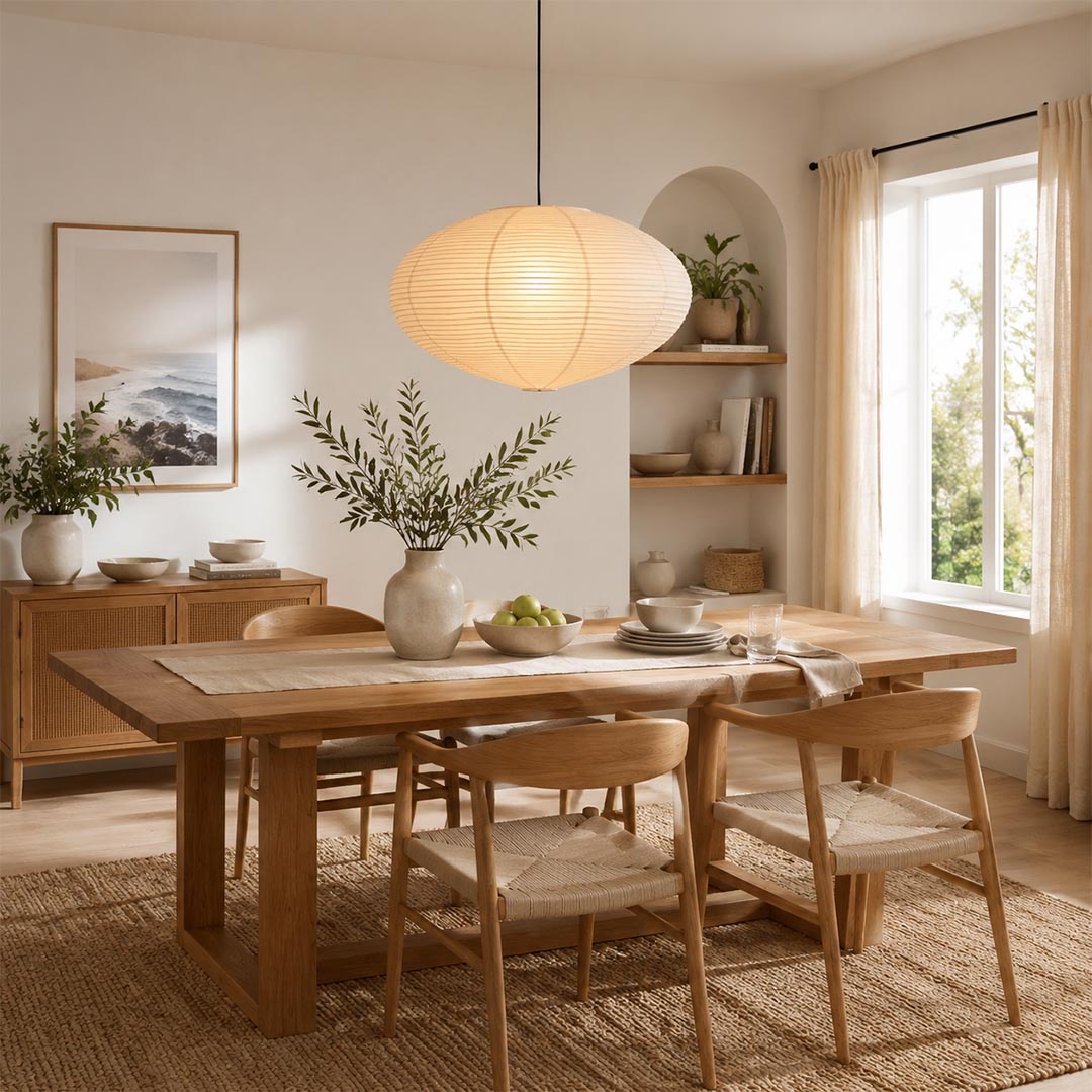 Stuber Lighting Japanese rice paper pendant light illuminated over a wooden dining table, organic modern Japandi dining room decor with minimalist oval lantern hanging lamp.