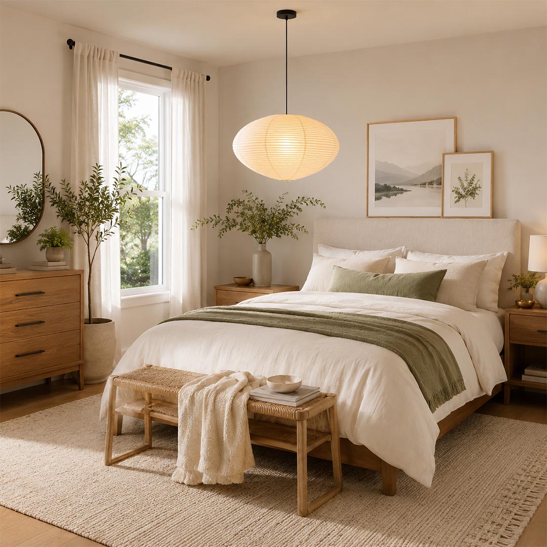 Cozy master bedroom interior featuring a Stuber Lighting Japanese rice paper pendant light hanging above the bed, organic modern Japandi style home decor with warm neutral tones.