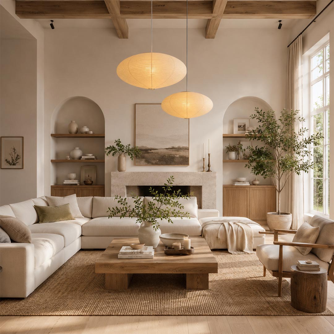 Warmly lit Stuber Lighting oval rice paper pendant lamp centered over a wooden dining table, organic modern interior design and elegant Wabi-Sabi style dining room deco