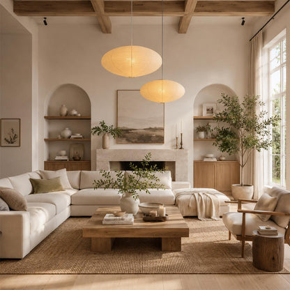 Warmly lit Stuber Lighting oval rice paper pendant lamp centered over a wooden dining table, organic modern interior design and elegant Wabi-Sabi style dining room deco