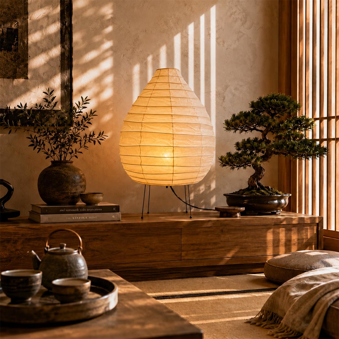 Zen inspired Akari 22N Table Lamp illuminating a traditional Japanese tatami tea room with a green bonsai tree by Stuber Lighting.