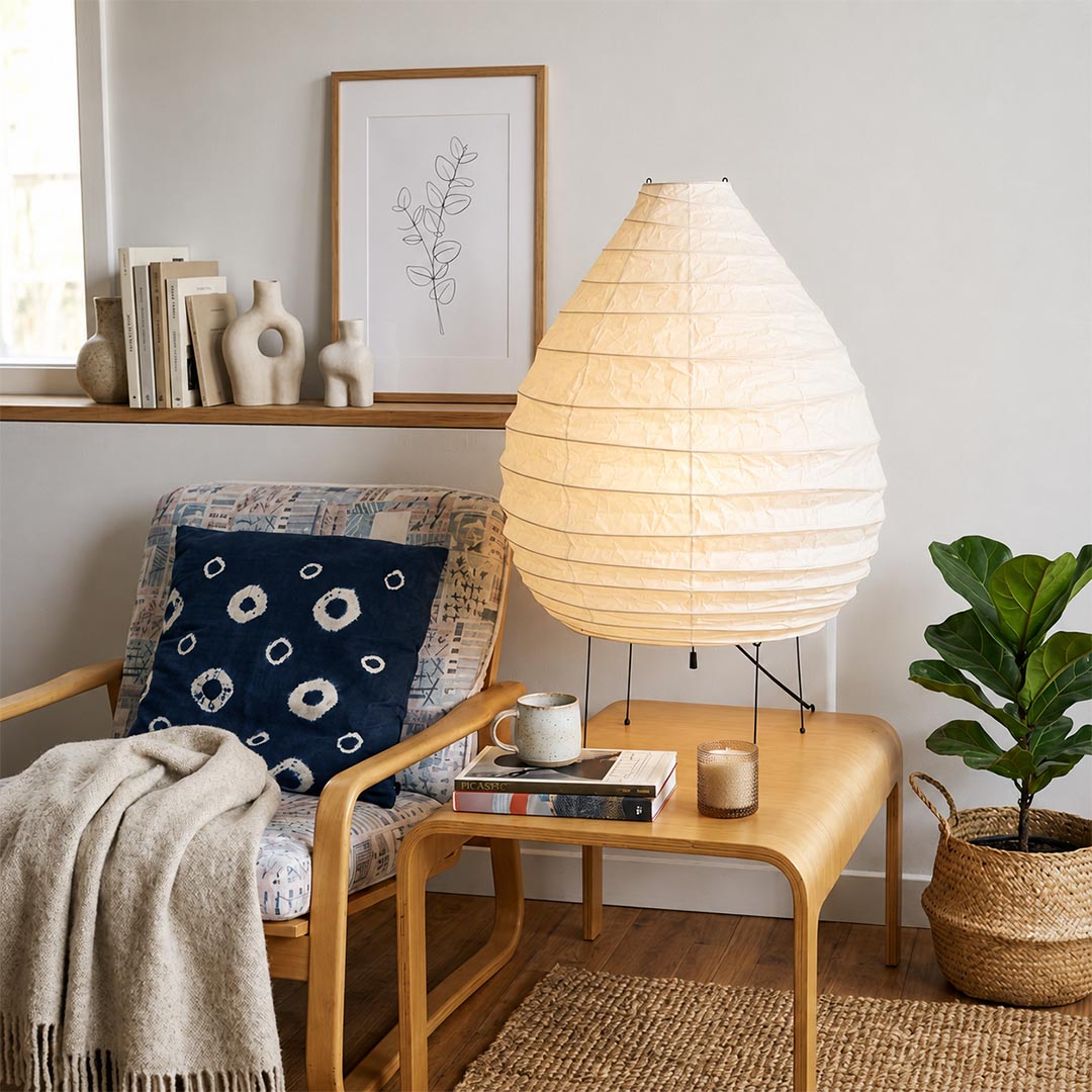 Cozy Scandinavian reading nook featuring an Akari 22N Desk Lamp on a wooden side table by Stuber Lighting.
