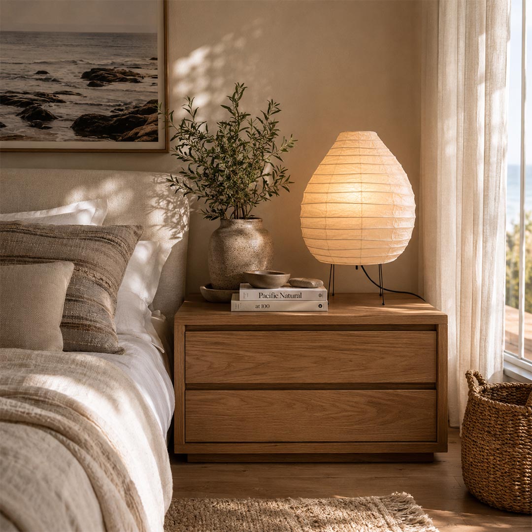 Onion-shaped Akari 22N Table Lamp glowing warmly on a wooden bedside table in a neutral-toned bedroom by Stuber Lighting.