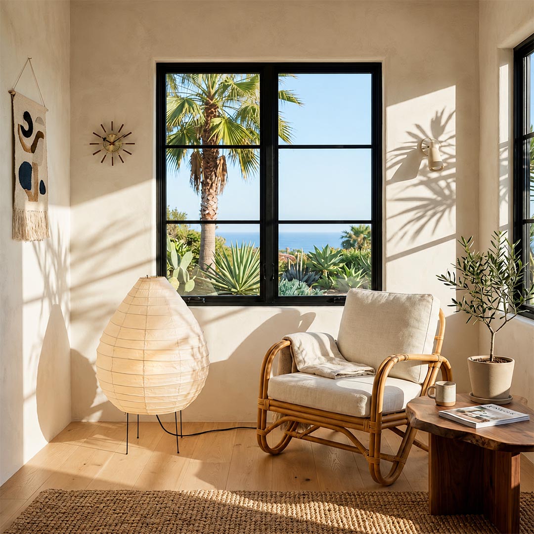 Minimalist Akari 22N Table Lamp integrated into a coastal modern interior with ocean and palm tree views by Stuber Lighting.