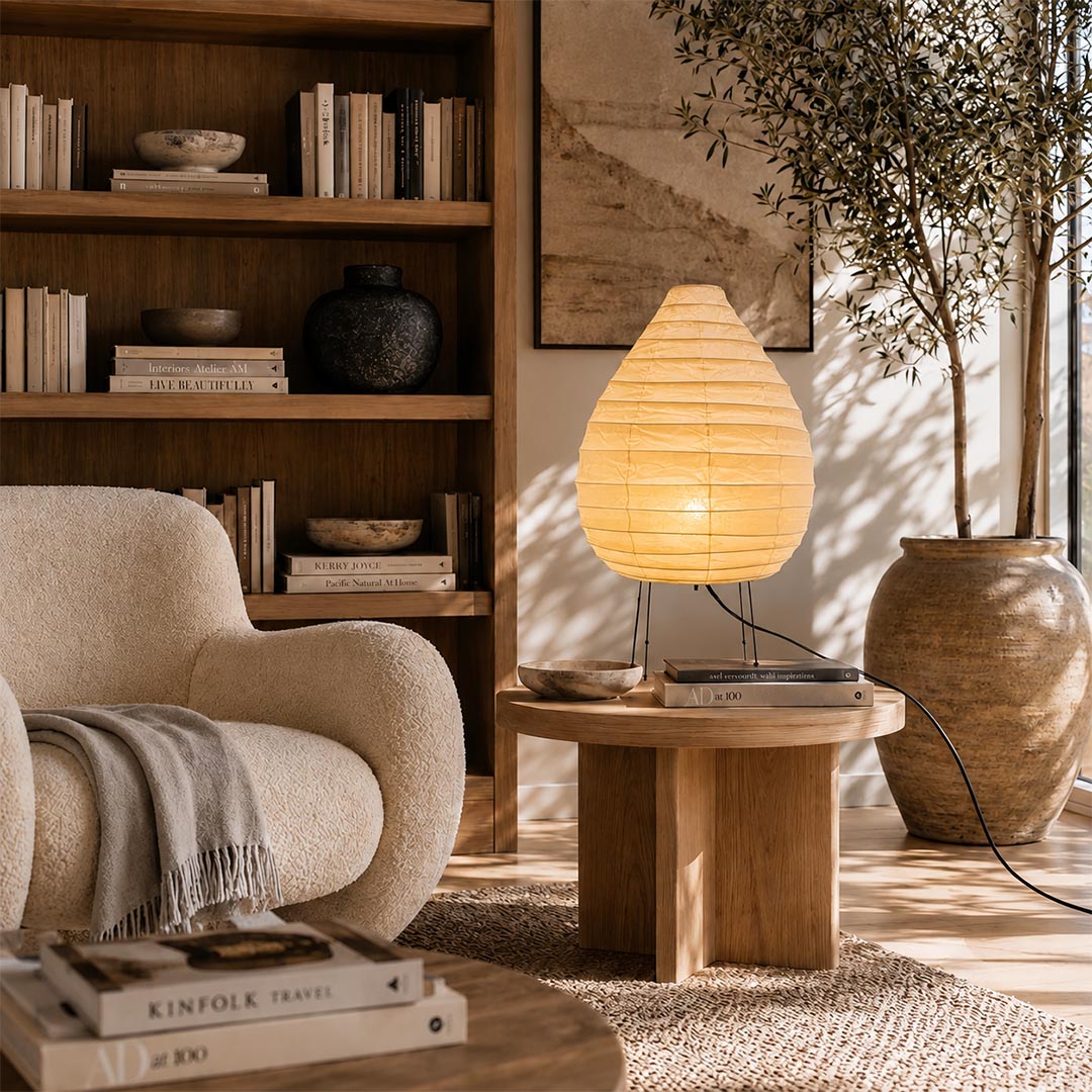 Japanese style Akari 22N Table Lamp illuminating an elegant home study and bookshelf corner by Stuber Lighting.