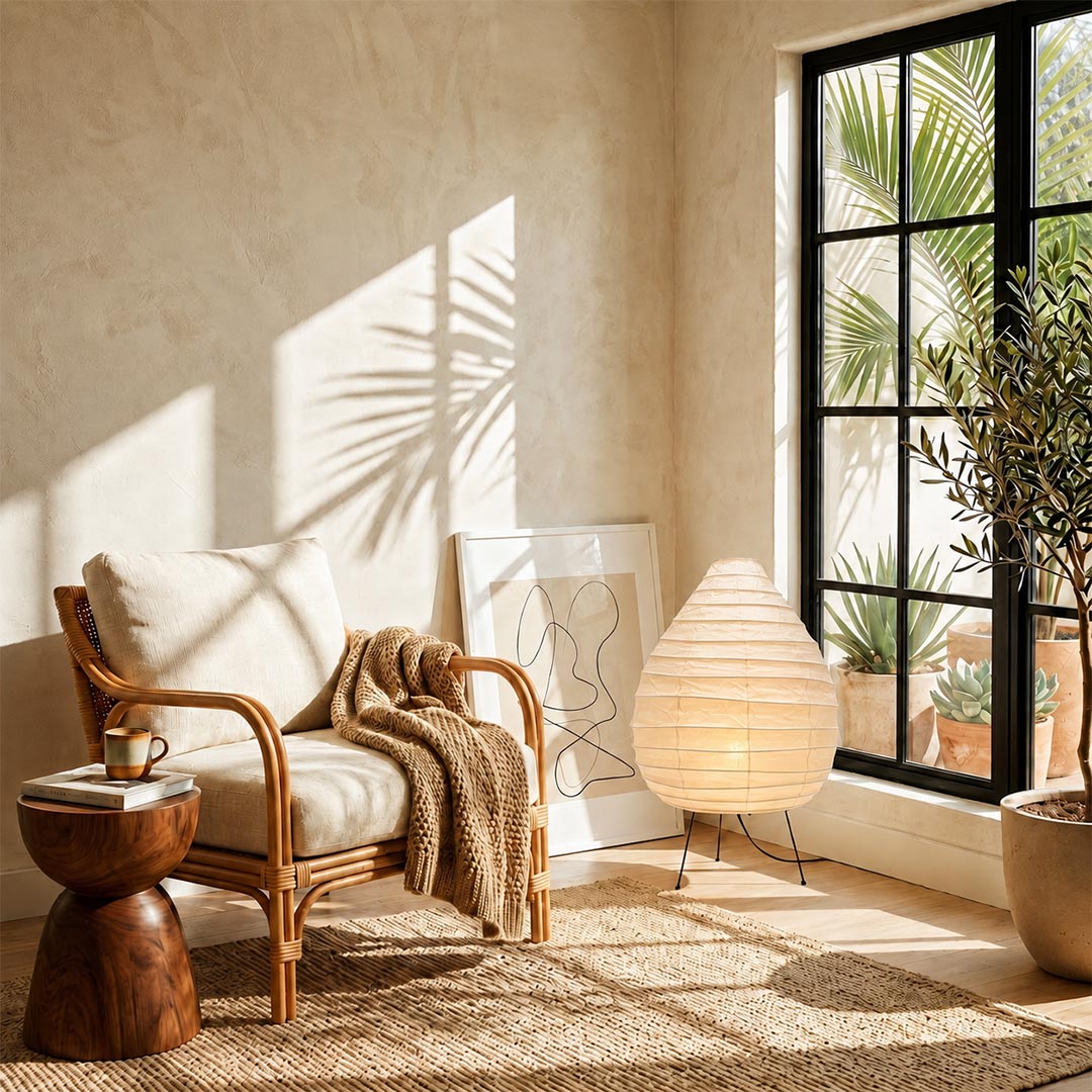 Sunlit Japandi room corner showcasing an Akari 22N Teardrop Lamp next to an accent lounge chair by Stuber Lighting.