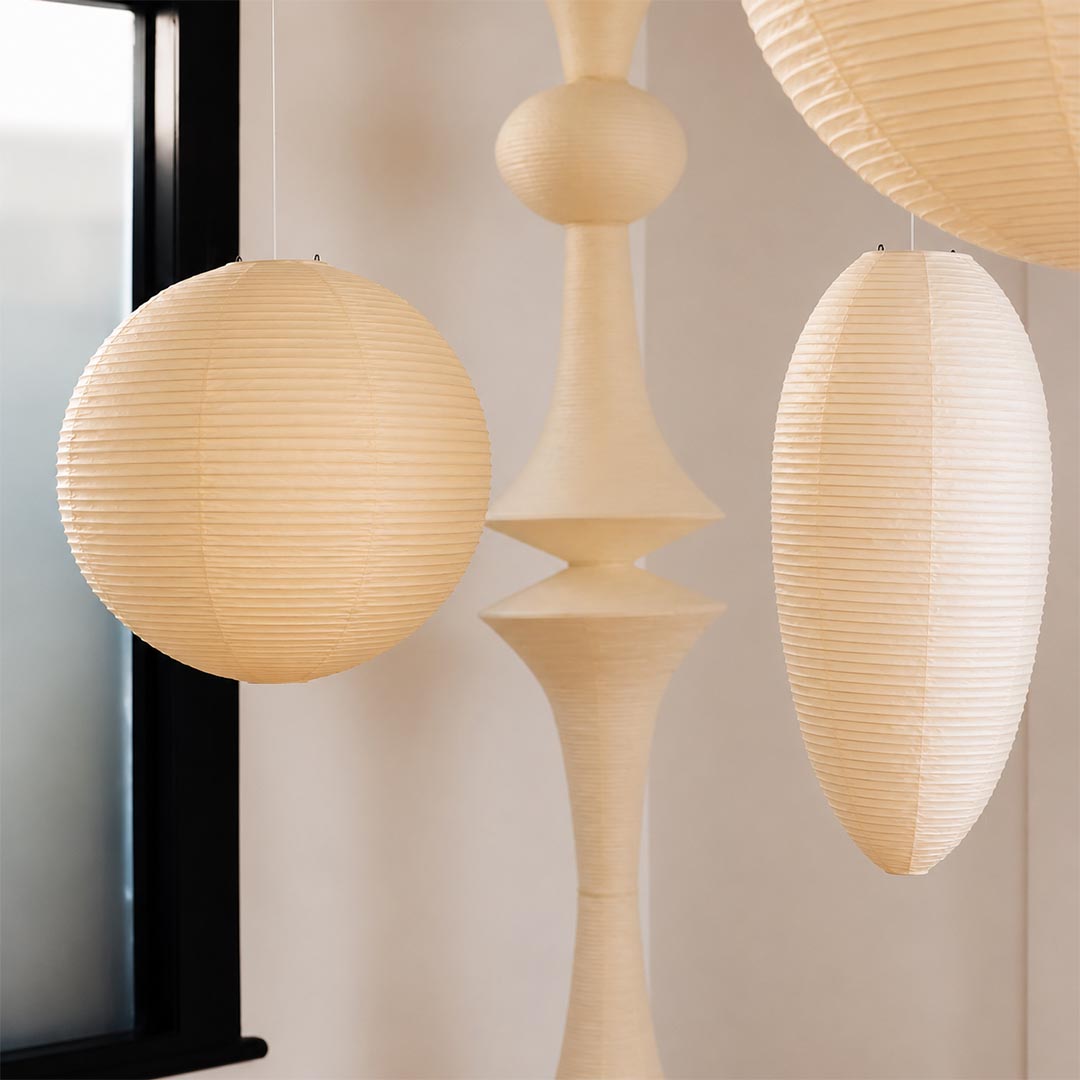 Japandi living room interior featuring a cluster of oval Washi paper lantern pendant lights - stuberlighting