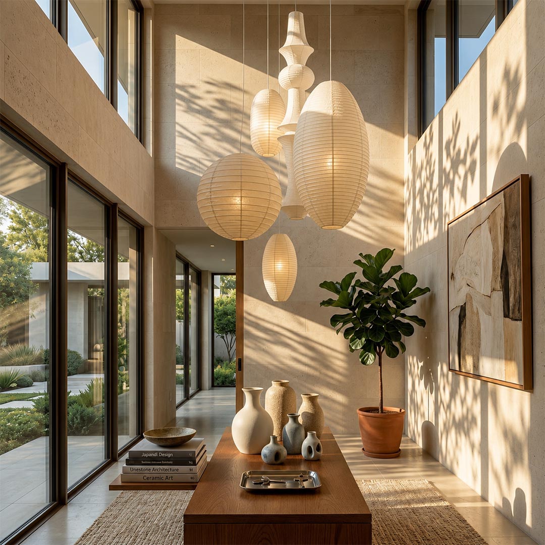 Japandi living room interior featuring a cluster of oval Washi paper lantern pendant lights - stuberlighting