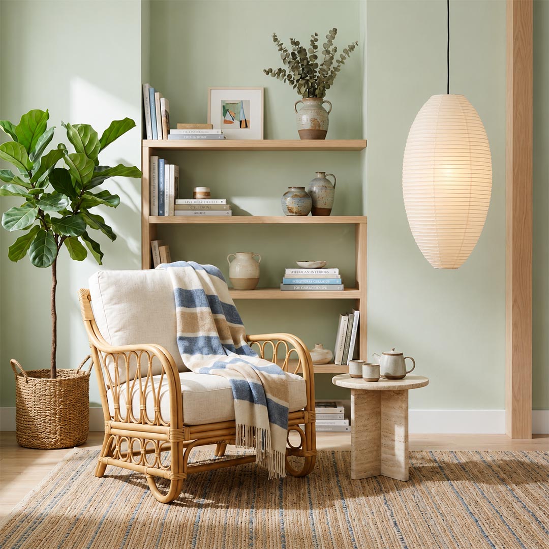 Cozy wabi-sabi room corner styled with a hanging oval paper lantern light - stuberlighting