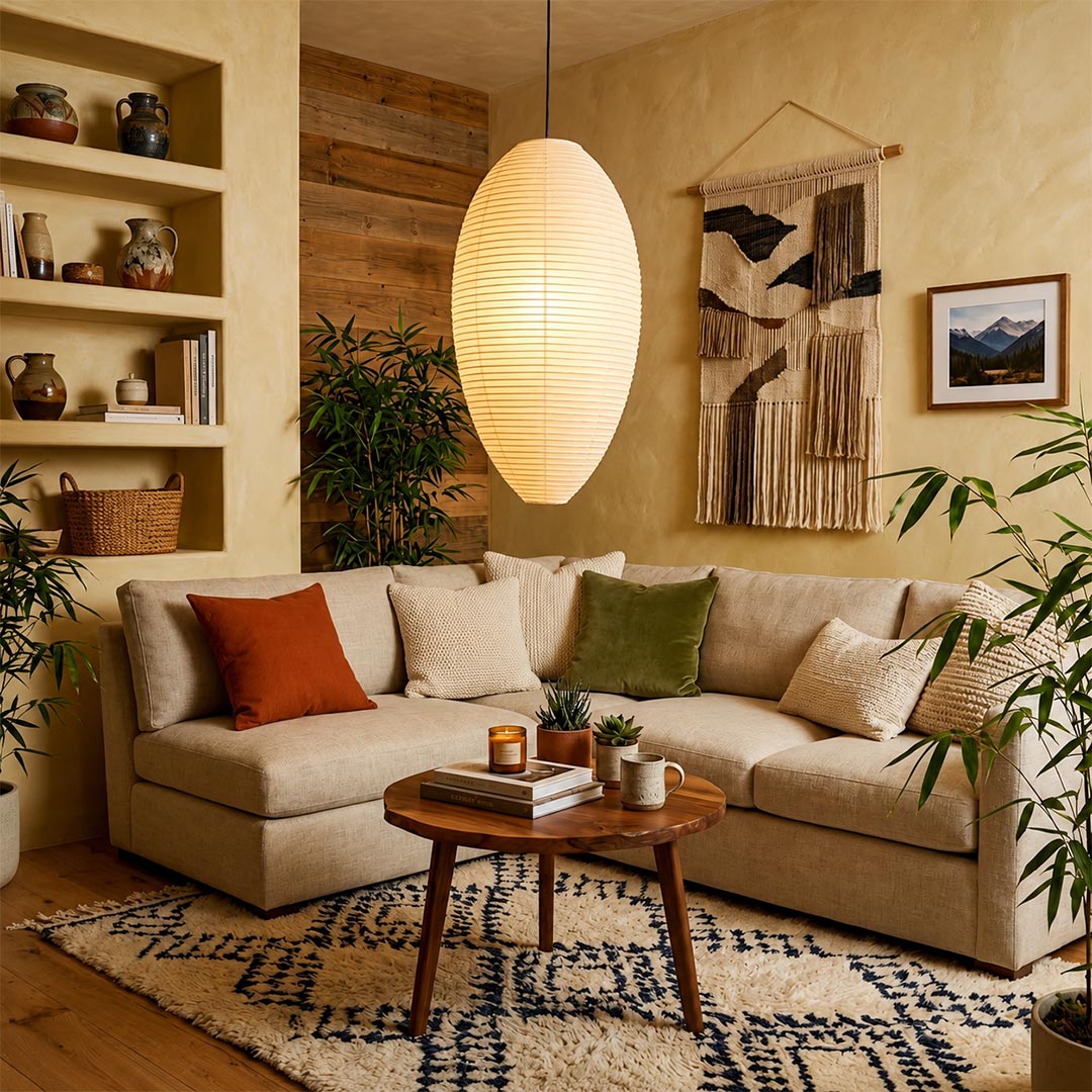 Handcrafted Washi paper Akari 23A 24A pendant lamp with bamboo framework in a cozy wabi-sabi living room with sectional sofa - Stuber Lighting