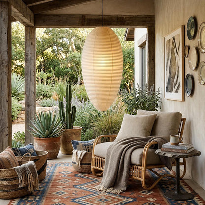 Cozy wabi-sabi room corner styled with a hanging oval paper lantern light - stuberlighting