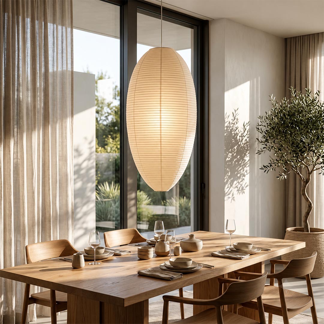 Organic modern dining room with an oval handcrafted Washi paper ceiling pendant lamp - stuberlighting