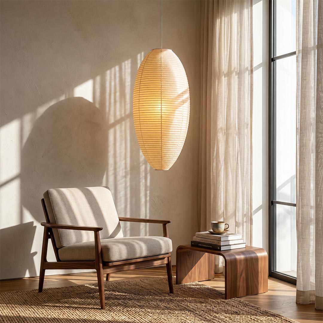 Cozy wabi-sabi room corner styled with a hanging oval paper lantern light - stuberlighting