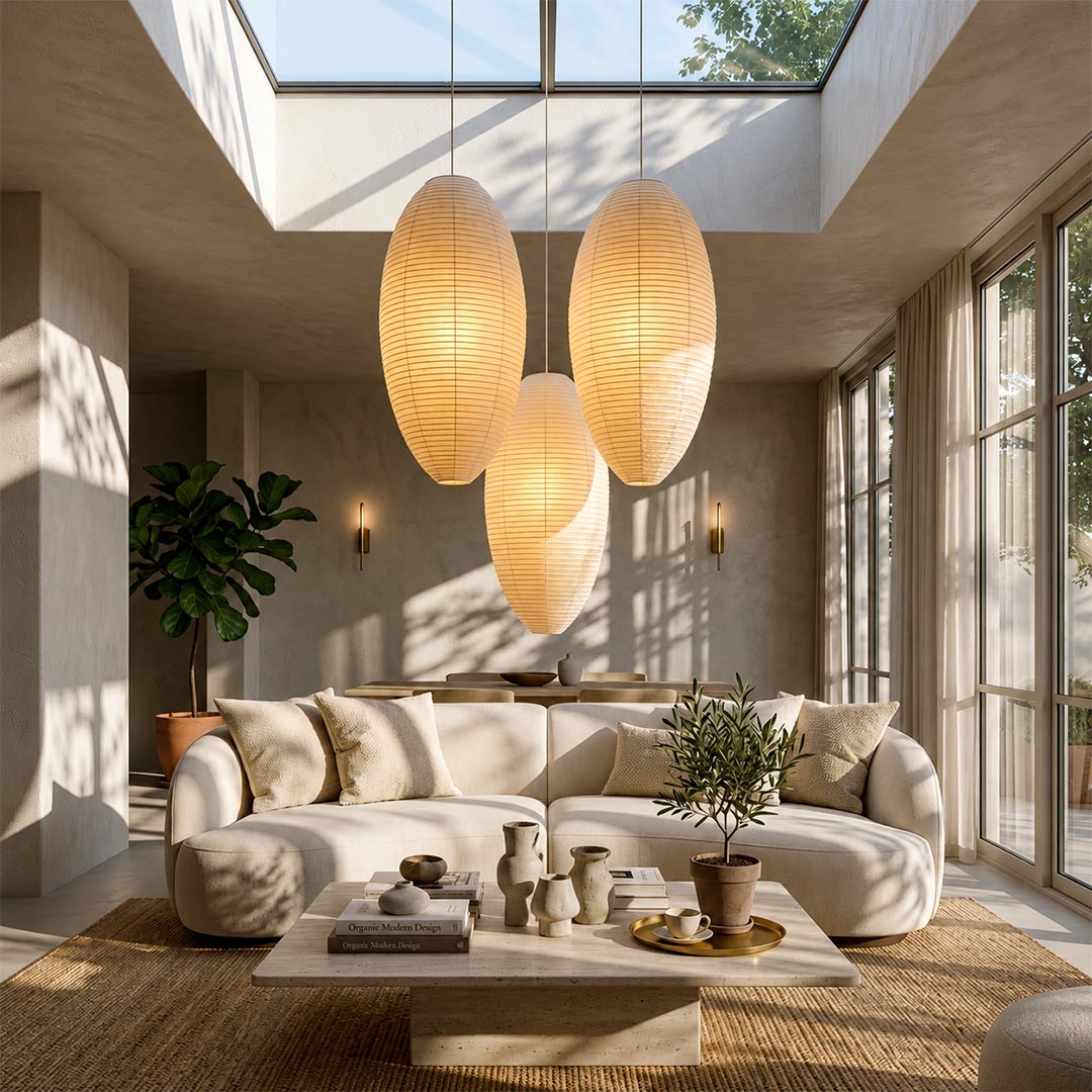 Japandi living room interior featuring a cluster of oval Washi paper lantern pendant lights - stuberlighting
