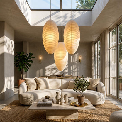 Japandi living room interior featuring a cluster of oval Washi paper lantern pendant lights - stuberlighting