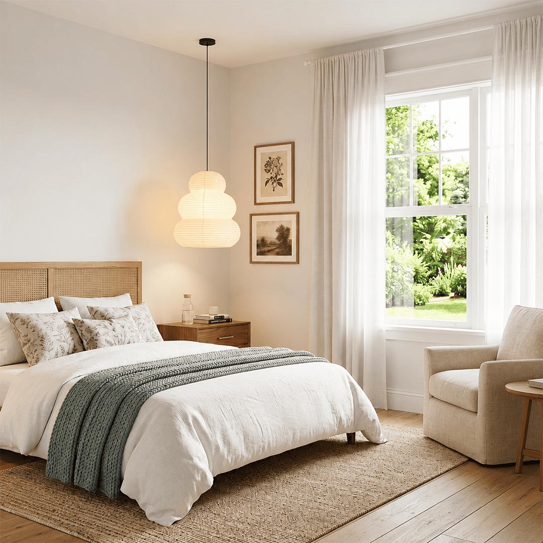 Cozy modern bedroom interior lighting with Akari 24N hanging paper lamp - Stuber Lighting