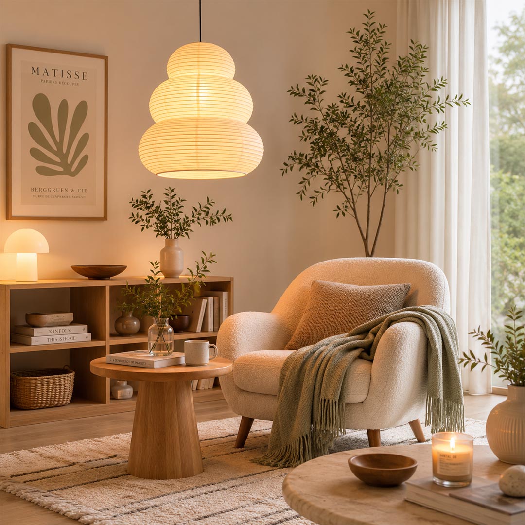 Cozy organic modern living room nook with Akari 24N hanging paper lamp - Stuber Lighting