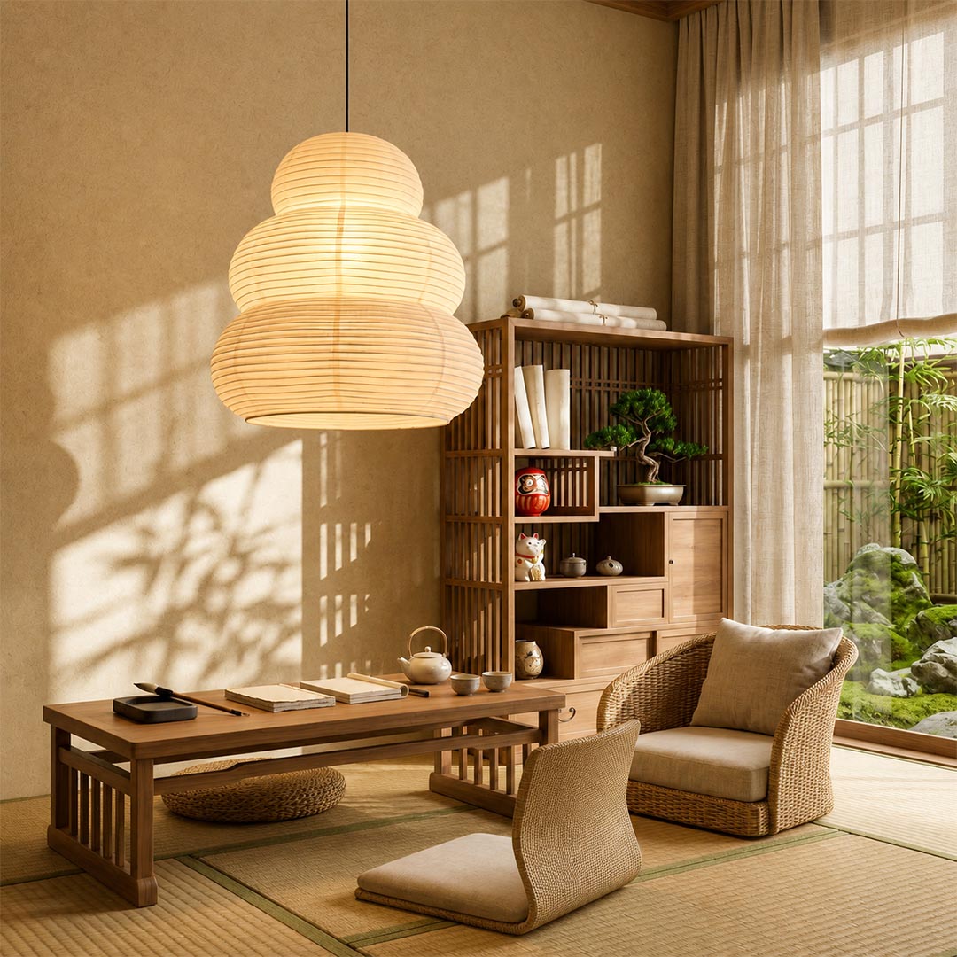Traditional Japanese tatami tea room decorated with Akari 24N paper lantern pendant - Stuber Lighting